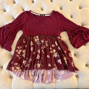 Wine colors top with pink, yellow and olive pattern.